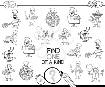 Black and White Cartoon Illustration of Find One of a Kind Picture Educational Activity Game for Children with Chef Characters Coloring Book