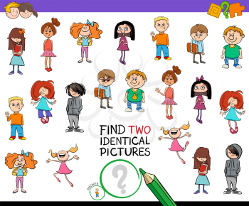 Cartoon Illustration of Finding Two Identical Pictures Educational Game for Kids with Girls and Boys Children Characters