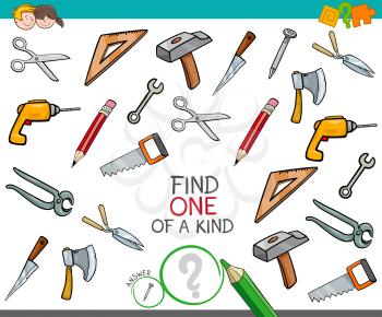 Cartoon Illustration of Find One of a Kind Picture Educational Activity Game for Children with Tools Objects
