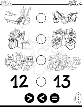 Black and White Cartoon Illustration of Educational Mathematical Game of Greater Than, Less Than or Equal to for Children with Objects and Characters Coloring Book