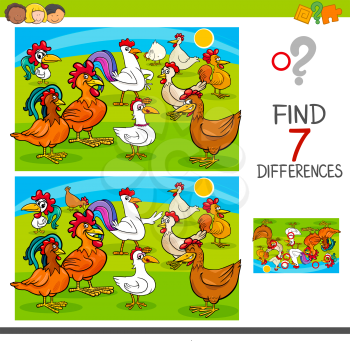 Cartoon Illustration of Finding Seven Differences Between Pictures Educational Activity Game for Children with Chickens and Roosters Farm Animal Characters Group