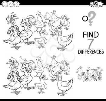 Black and White Cartoon Illustration of Finding Seven Differences Between Pictures Educational Activity Game for Children with Chickens and Roosters Farm Animal Characters Group Coloring Book