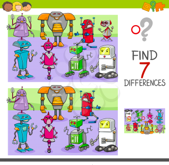 Cartoon Illustration of Finding Seven Differences Between Pictures Educational Activity Game for Children with Robots Fantasy Characters Group