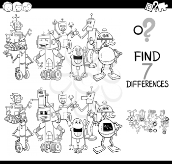 Black and White Cartoon Illustration of Finding Seven Differences Between Pictures Educational Activity Game for Children with Funny Robots Fantasy Characters Group Coloring Book