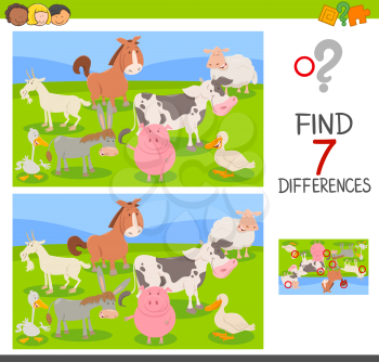 Cartoon Illustration of Finding Seven Differences Between Pictures Educational Activity Game for Children with Farm Animals Group