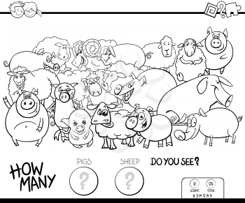 Black and White Cartoon Illustration of Educational Counting Game for Children with Pigs and Sheep Farm Animals Characters Group Coloring Book