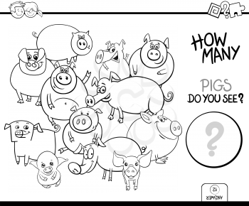 Black and White Cartoon Illustration of Educational Counting Activity Game for Children with Pigs Farm Animal Characters Coloring Book