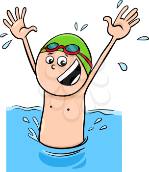 Cartoon Illustration of Happy Boy Swimming in the Water
