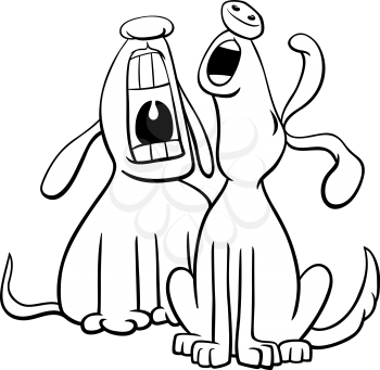 Black and White Cartoon Illustration of Two Dogs Animal Characters Barking or Howling Coloring Book