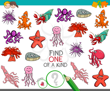 Cartoon Illustration of Find One of a Kind Picture Educational Activity Game for Kids with Sea Life Animal Characters