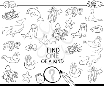 Black and White Cartoon Illustration of Find One of a Kind Picture Educational Activity Game for Kids with Marine Life Animal Characters Coloring Book