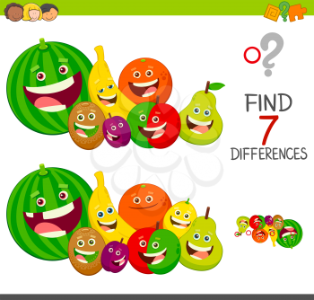 Cartoon Illustration of Finding Seven Differences Between Pictures Educational Activity Game for Children with Fruits Characters Group