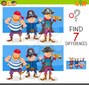 Cartoon Illustration of Finding Seven Differences Between Pictures Educational Activity Game for Children with Pirate Characters Group
