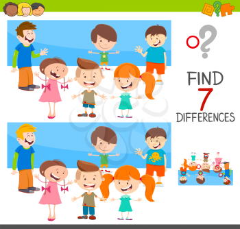 Cartoon Illustration of Finding Seven Differences Between Pictures Educational Activity Game for Children with Boys and Girls Characters Group