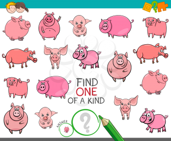 Cartoon Illustration of Find One of a Kind Picture Educational Activity Game for Children with Pig Animal Characters