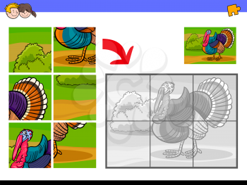 Cartoon Illustration of Educational Jigsaw Puzzle Activity Game for Children with Funny Turkey Farm Animal Character