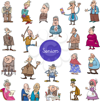 Cartoon Illustration of Women and Men Senior Characters Large Set