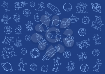 Cartoon Illustration of Space Objects and Fantasy Characters Set or Background in Blue