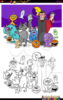 Cartoon Illustration of Spooky Halloween Characters Group Coloring Book Workbook