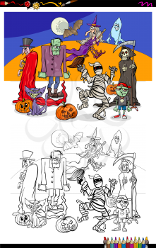 Cartoon Illustration of Scary Halloween Characters Group Coloring Book Worksheet