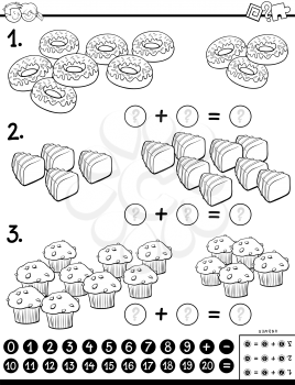 Black and White Cartoon Illustration of Educational Mathematical Addition Calculation Puzzle Game for Preschool and Elementary Age Children with Sweet Food Coloring Book