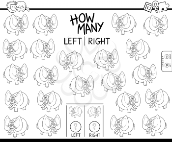 Black and White Cartoon Illustration of Educational Game of Counting Left and Right Oriented Pictures for Children with Funny Elephant Character Coloring Book