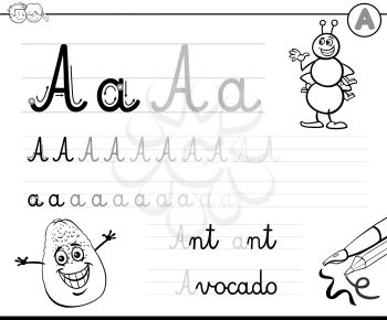Black and White Cartoon Illustration of Writing Skills Practice with Letter A for Preschool and Elementary Age Children Color Book