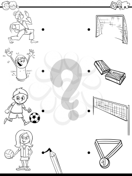 Black and White Cartoon Illustration of Educational Pictures Matching Game for Children with Kid Characters and their Sport Activities