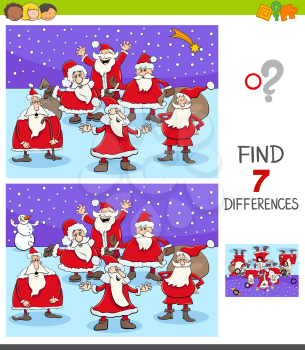 Cartoon Illustration of Finding Seven Differences Between Pictures Educational Game for Children with Santa Claus Christmas Characters
