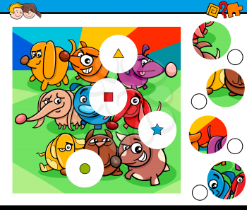 Cartoon Illustration of Educational Match the Pieces Jigsaw Puzzle Game for Children with Funny Colorful Dogs Characters