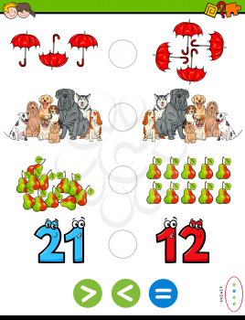 Cartoon Illustration of Educational Mathematical Puzzle Game of Greater Than, Less Than or Equal to for Kids