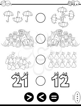 Black and White Cartoon Illustration of Educational Mathematical Puzzle Game of Greater Than, Less Than or Equal to for Kids Coloring Book