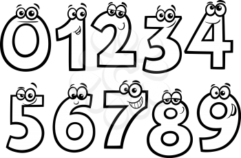 Black and White Educational Cartoon Illustrations of Basic Numbers Characters Set Coloring Book