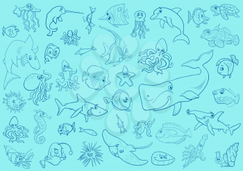 Cartoon Illustrations of Sea Life Animals and Fish Characters Group Background or Wrapping Paper