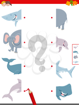 Cartoon Illustration of Educational Game of Matching Halves of Animal Characters