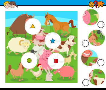 Cartoon Illustration of Educational Match the Pieces Jigsaw Puzzle Game for Children with Funny Farm Animal Characters Group