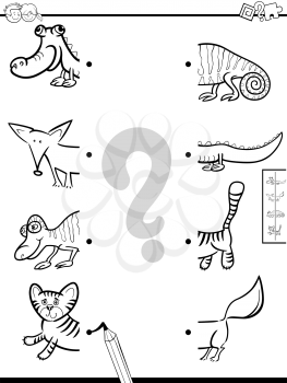 Black and White Cartoon Illustration of Educational Game of Matching Halves of Pictures with Animals Color Book
