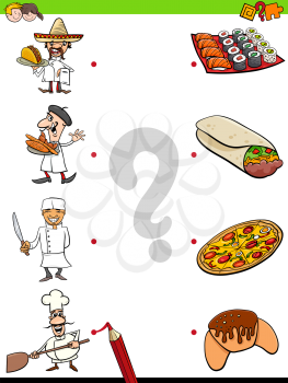 Cartoon Illustration of Educational Pictures Matching Game for Children with Chefs and Food