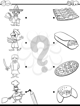 Black and White Cartoon Illustration of Educational Pictures Matching Game for Children with Chefs and Food