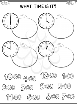Black and White Cartoon Illustrations of Telling Time Educational Worksheet for Children with Clock Face