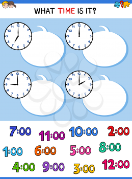 Cartoon Illustrations of Telling Time Educational Worksheet with Clock Face for Children