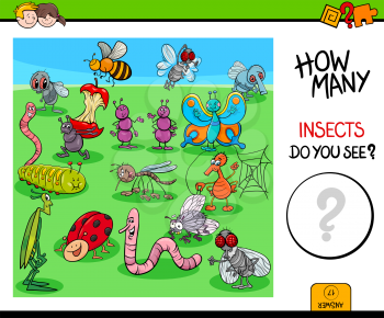 Cartoon Illustration of Educational Counting Activity Game for Children with Insects and Bugs Animal Characters