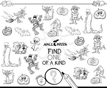 Black and White Cartoon Illustration of Find One of a Kind Picture Educational Activity Game for Children with Halloween Characters Coloring Book