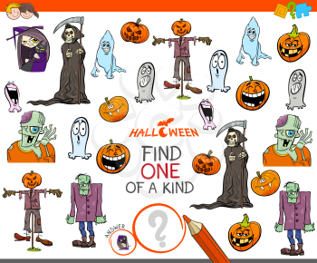 Cartoon Illustration of Find One of a Kind Picture Educational Game for Children with Halloween Characters
