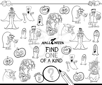 Black and White Cartoon Illustration of Find One of a Kind Picture Educational Game for Children with Halloween Theme Characters Coloring Book