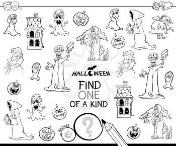 Black and White Cartoon Illustration of Find One of a Kind Picture Educational Activity Game for Children with Halloween Theme Characters Coloring Book