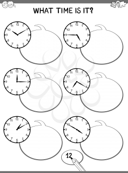 Black and White Cartoon Illustrations of Telling Time Educational Game with Clock Face for Elementary Age Children