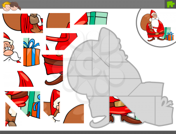 Cartoon Illustration of Educational Jigsaw Puzzle Game for Children with Santa Claus Character