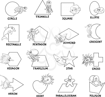 Educational Cartoon Illustration of Basic Geometric Shapes with Captions and Marine Animal Characters for Children