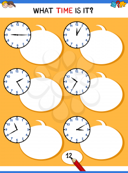 Cartoon Illustrations of Telling Time Educational Task with Clock Face for Kids